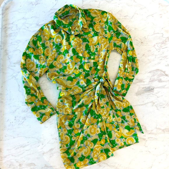 Zara Green and Yellow Print Wrap Dress Size XS - Picture 1 of 6